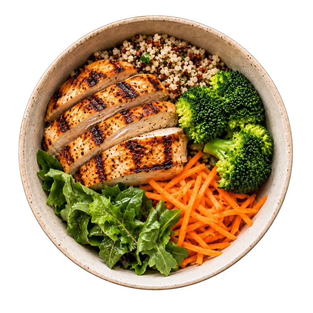 Bowl saludable con pechuga de pollo, vegetales frescos y acompañamientos de Meal Prep Consciente en Medellín