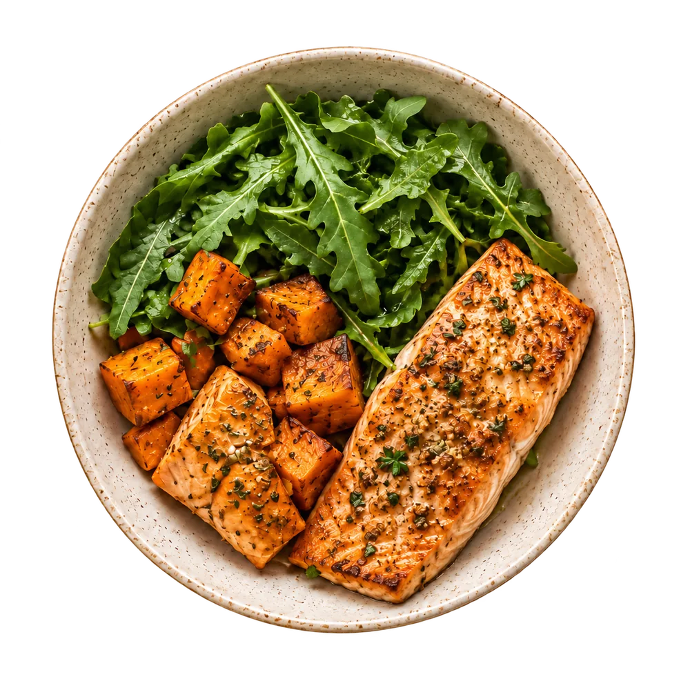 Bowl saludable con salmón, vegetales frescos y acompañamientos de Meal Prep Consciente en Medellín